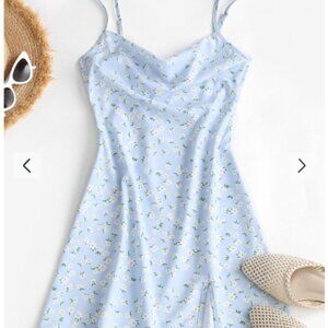 ZAFUL Flower Print Cowl Front Backless Slit Dress